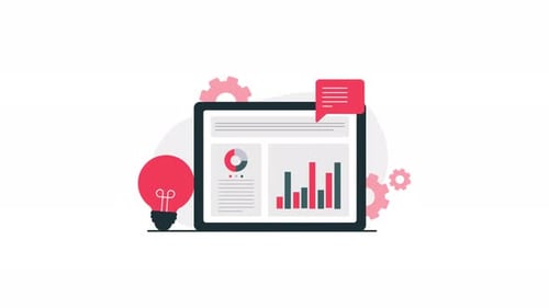 4k Business Graph Report on Tablet and Idea Bulb. Business Intelligence Concept Animation Video