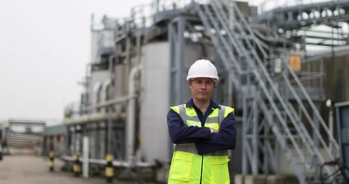 Industrial Worker Standing in Front of Plant, Arms Crossed