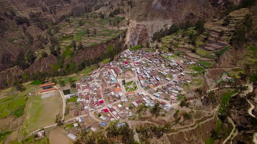 High aerial view of the village above the mountains.