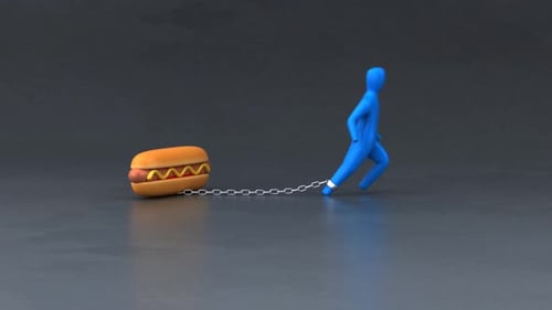 Struggling Blue Figure Chained to Hot Dog Addiction Animation