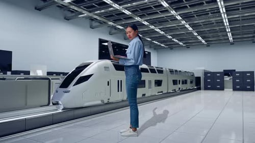Woman with Laptop Inspecting Futuristic Train
