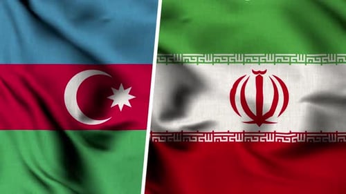 Waving National Flags Of Azerbaijan And Iran With Fabric Texture