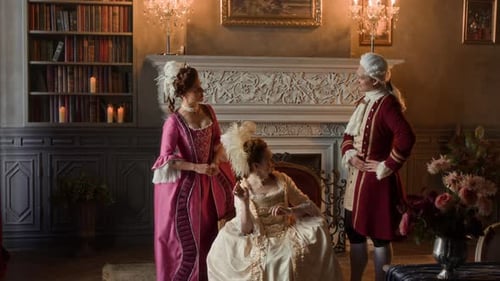 Aristocratic Man and Two Ladies Having Fun Conversation in Palace