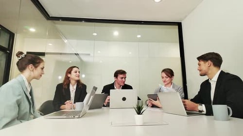 Meeting, documents and business people in office for report for planning, finance review or analysis