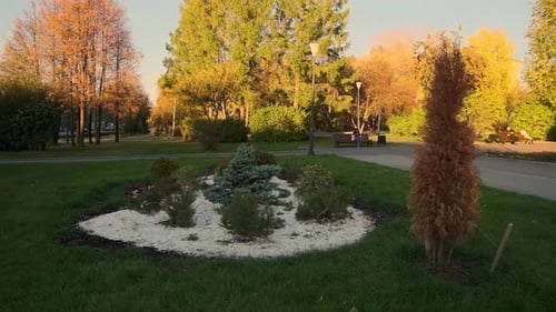 Beautiful park with landscape and resting people on benches. Beautiful green park