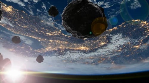 Asteroids Floating in Space Above Earth at Sunrise