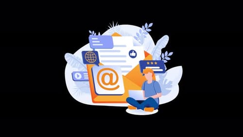 Young man using laptop with email design elements in background