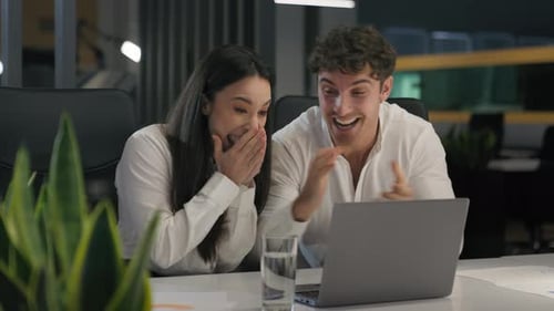 Business Colleagues Coworkers Partners Office Workers Businesswoman and Businessman Win with Laptop