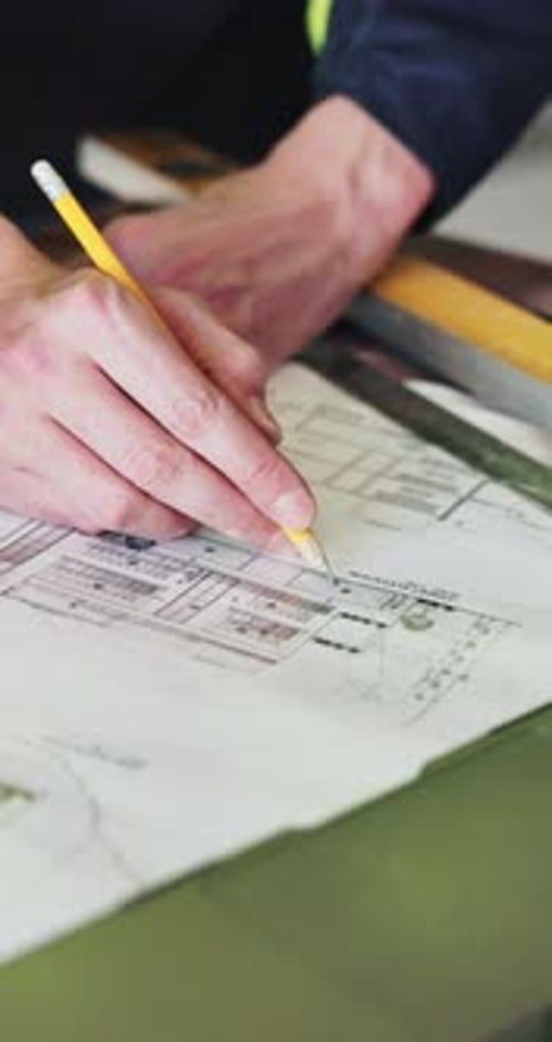 Hands, architecture and man with blueprint, writing or planning for renovation project