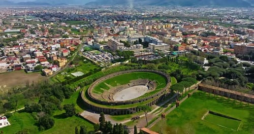 Aerial View of Amphitheatre of Pompeii is the Oldest Surviving Roman Amphitheater Pompeii Italy