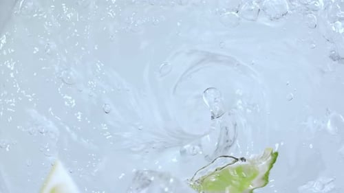 Lime Wedges and Mint Leaves Splashing in Water