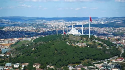 High Angle View of Camlica Mosque and Turkey Flag