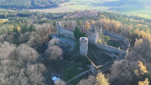 Aerial video above Helfenburk u Bavorova castle ruins aerial view in Czech Republic