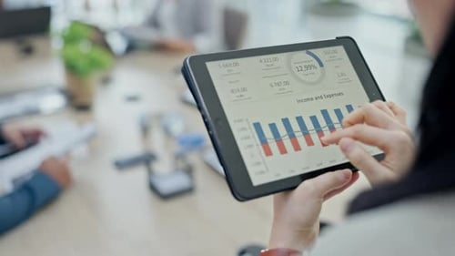 Business woman, hands and tablet for data, graph or chart in finance analysis at the office