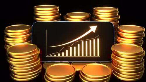 Animated Financial Growth Chart on Smartphone with Gold Coins