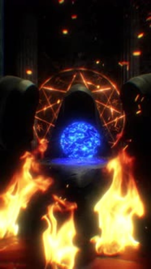 Abstract Dark Magic Ritual with Fiery Glowing Orb