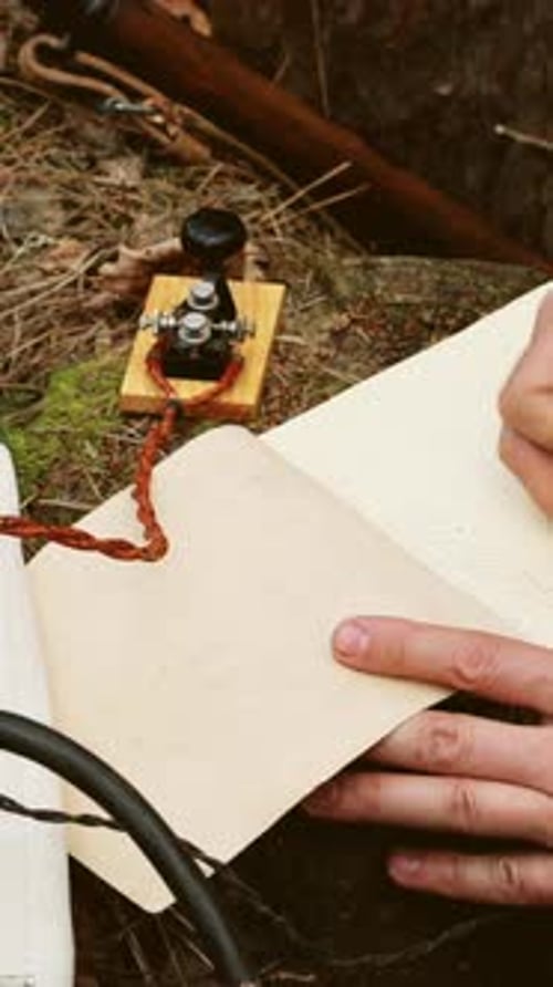 Vintage Radio Set Up in Forest with Notebook