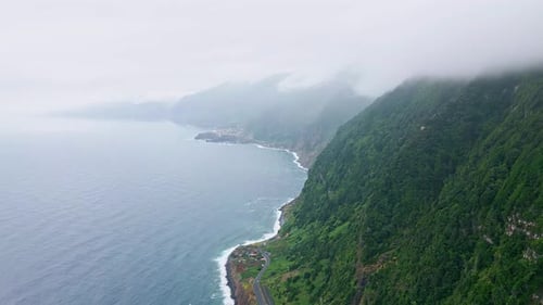 Aerial Green Mountains Marine Landscape Drone View Cliffs Covered Vegetation