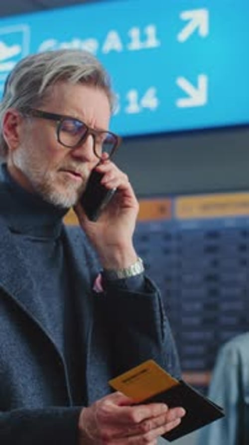 Crowded Airport Terminal Mature Man Holding Plane Ticket Talking By Mobile Phone