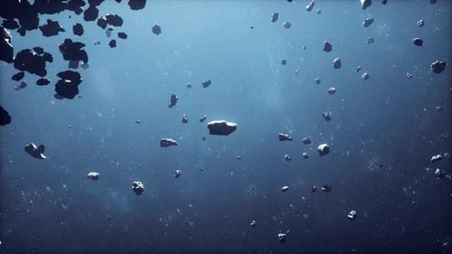 Cinematic Flight Through Dark Deep Space Asteroid Field with Stars