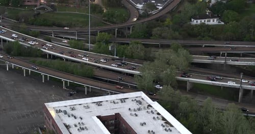 Drone view of cars on I-45 freeway in downtown Houston, Texas