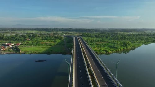 Aerial View of Empty Highway Bridge at Dawn Without People