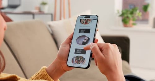 Woman, hands and phone with restaurant menu on sofa for food website, ecommerce or online order