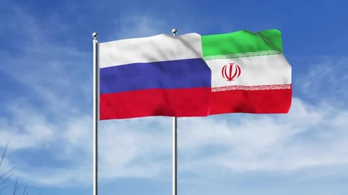 Waving Flags of Russia and Iran on Flagpoles Animation