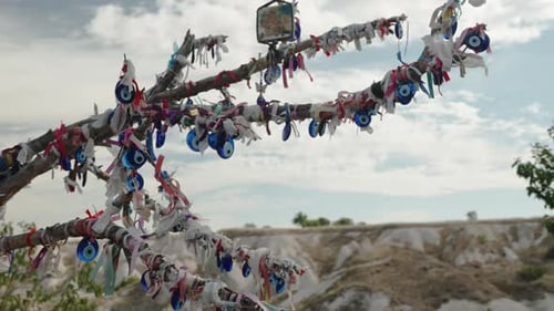 A dry tree high in the mountains of Turkey adorned with amulets to ward off the evil eye.