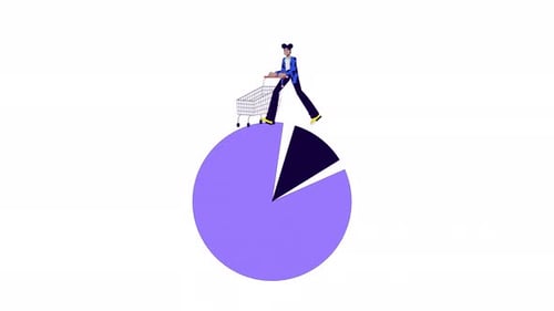 Animated Person with Shopping Cart on Pie Chart Flat Design