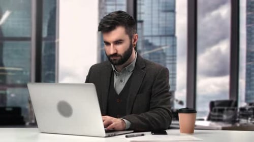 Business Man Working Laptop Desk Browsing Internet Information Workplace Office Skyscraper Downtown