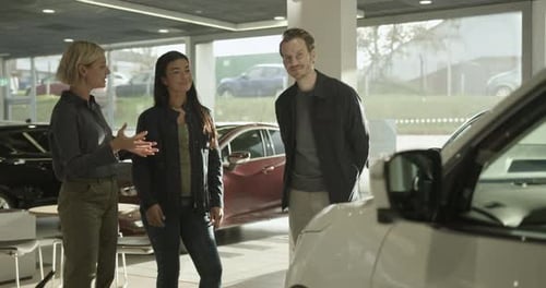 Saleswoman advising couple on car purchase in vehicle dealership showroom