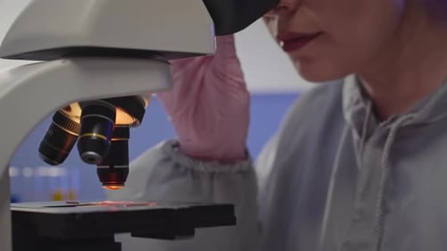 Wissenschaftlerin untersucht Probe auf Objektträgerglas unter dem Mikroskop