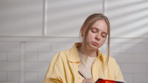 Woman College Student Studying at Home Pov Sitting Watching Lesson Online on Computer Talking Asking