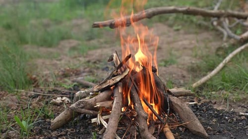 Close Up Front View of Burning Firewood Campfire on Bank of River