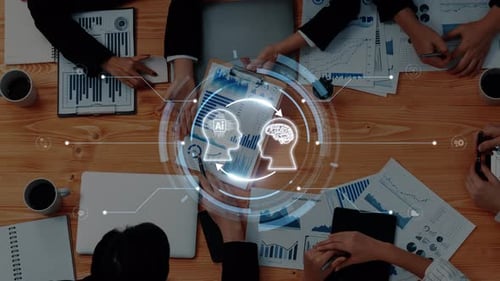 Reunião de negócios colaborativa com conceitos de inteligência artificial, análise de dados e inovação