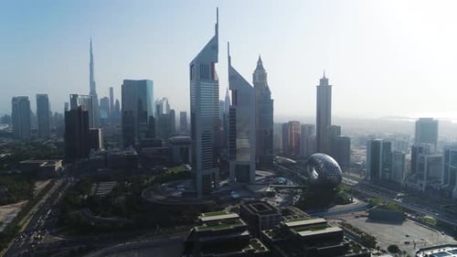 Aerial view of Dubai skyline with Burj Khalifa, United Arab Emirates.
