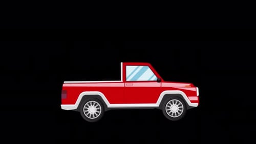 Cartoon Red Pickup Car Driving On Alpha Channel 4K