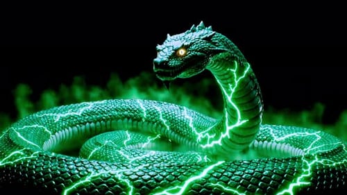 Serpent vert électrique aux yeux brillants enroulés de façon menaçante dans l'obscurité