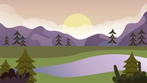 Flat Design Animated Landscape with Mountains River and Pine Trees