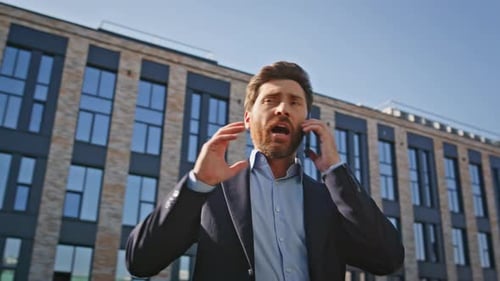 Mad Boss Arguing Smartphone at Urban District Closeup Angry Businessman Calling