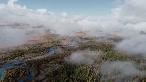 Aerial Shot Flight Over River in Beautiful Clouds Flight Over the River with Forest and Fog in the