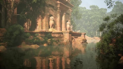 Pond With Statues in Ancient Cambodia Temple