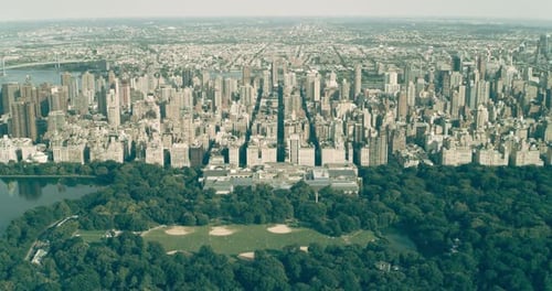 Aerial View of Central Park and Manhattan Skyine in New York During