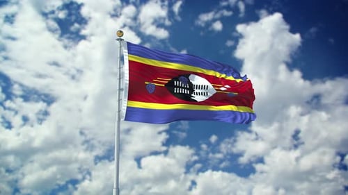 Realistic Eswatini Flag Waving Against Blue Sky and Clouds