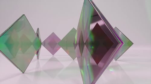 Abgedunkelte rechteckige Linsen drehen sich im Kreis auf hellem Hintergrund Lichtbrechung 3D-Animation
