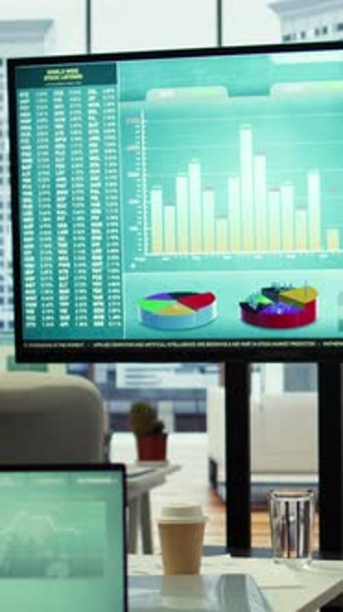 Vertical Video Computer Screen Showcases Business Data and Statistics In Professional Boardroom