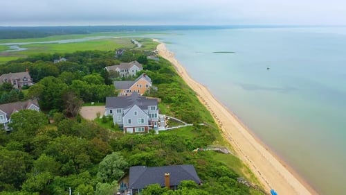 Cape Cod Beach Houses and Sandy Shoreline on an Overcast Day