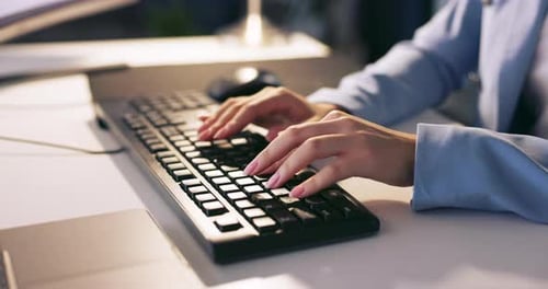 Computer, hands and keyboard typing of a business woman coding for programmer code