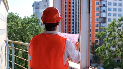 Engineer Reviewing Building Plans at Construction Site